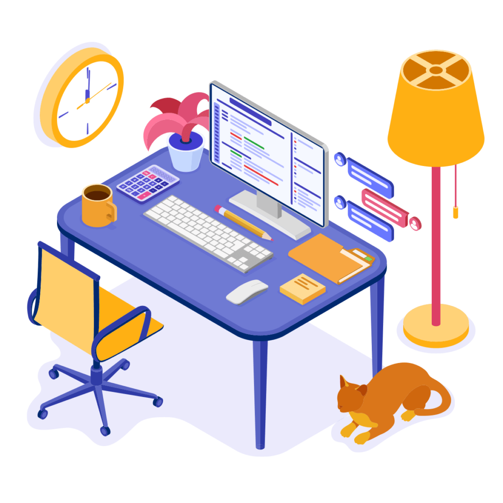 Illustration of remote working setup;  desk, computer, coffee, houseplant, cat