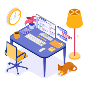 remote work desk cat coffee